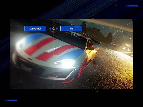 a split screen image of a fast moving car showing one side as a blurred conventional refresh rate, and the other side a crisp 1ms refresh rate