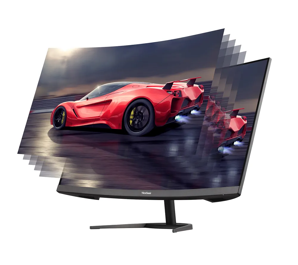 red sports car onthe screen of a curved monitor to illustrate no motion blur