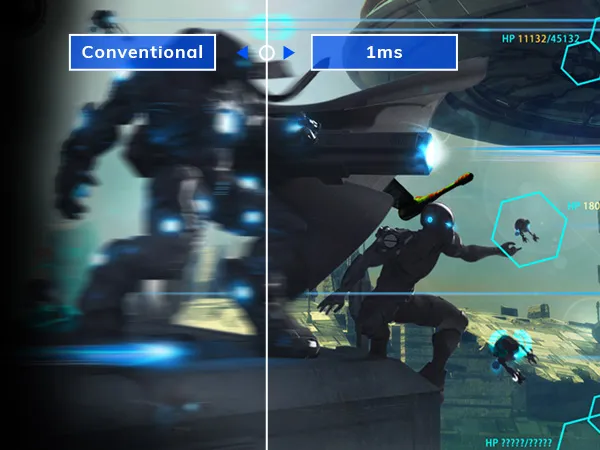 a split screen image of a fast moving car showing one side as a blurred conventional refresh rate, and the other side a crisp 1ms refresh rate
