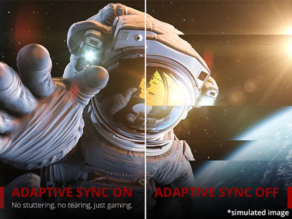 split screen image of an astronaut showing free sync on and off