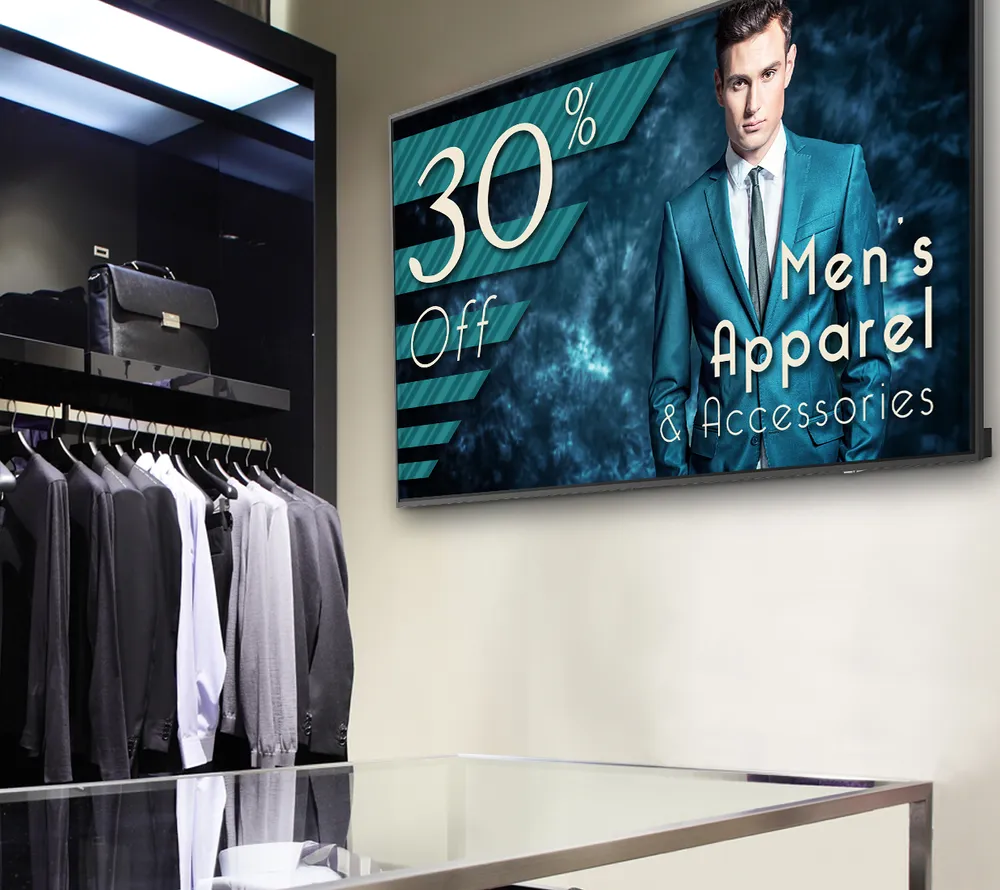 a display showcasing a sale in a suit shop