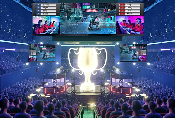 Large arena with spectators hosting an Esports event