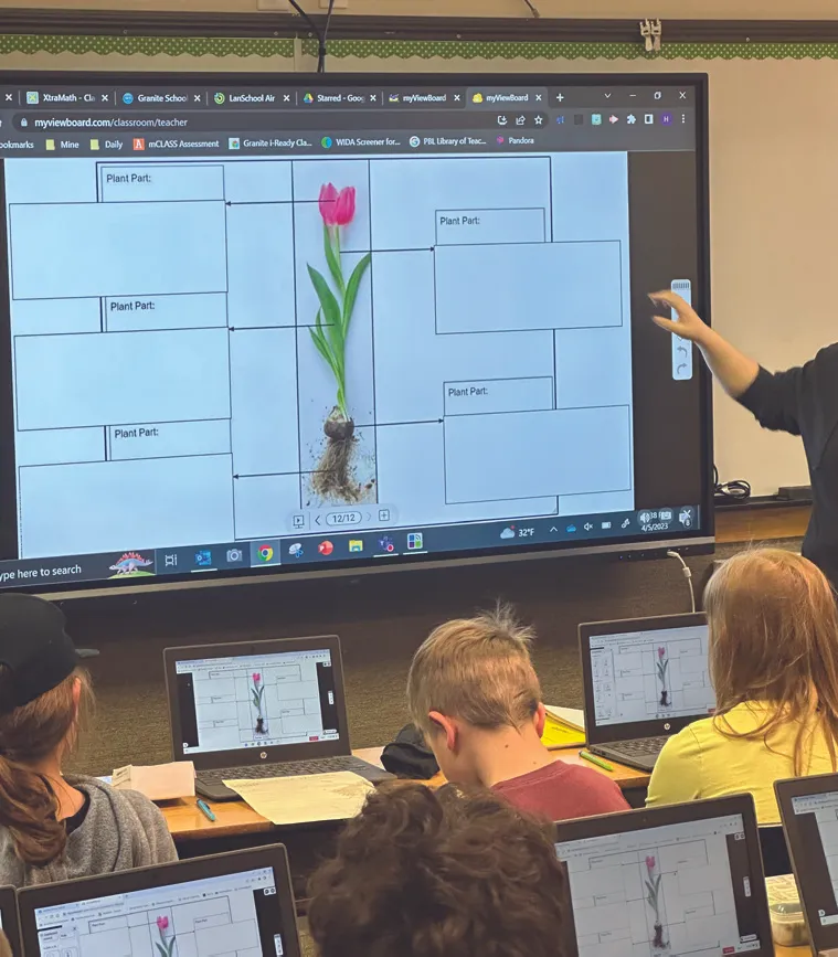 a teacher using a viewboard in front of class while students have the same image on their laptop screens