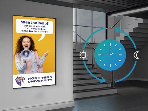 commercial display on indoor wall at a college with a graphic showing time operation options