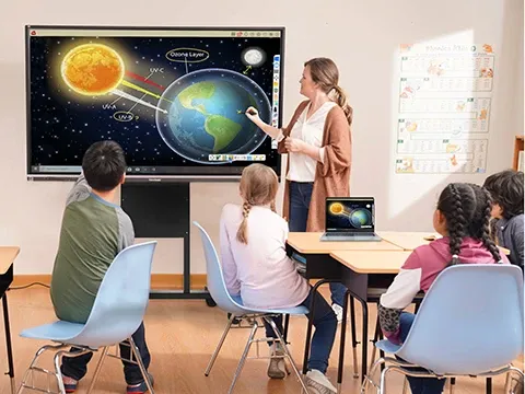 a teacher talking about the solar system with the help of a viewboard display