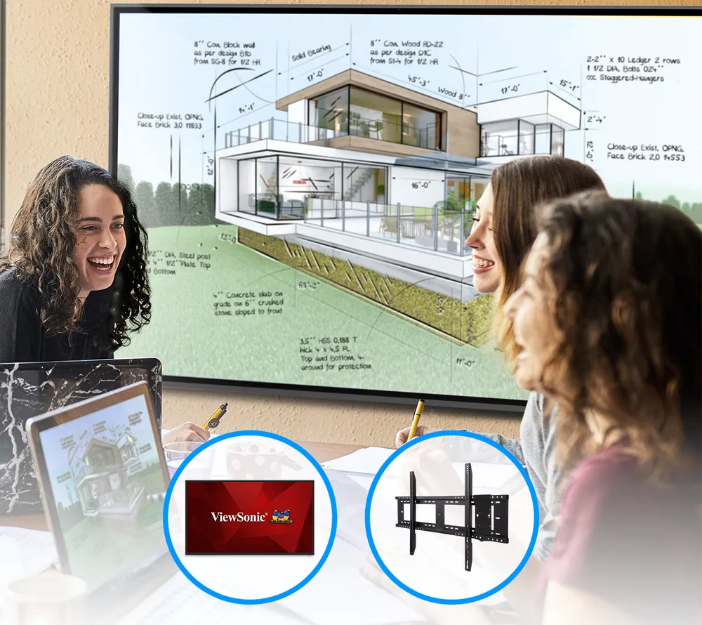 people laughing in conversation sitting in front of a display. Display shows architectural drawing being sent from laptop in front of one of the people. Foreground shows icons of the display and a wall mount, representing what is included in box.