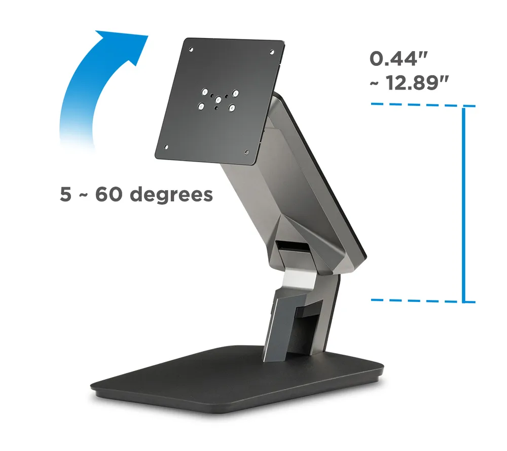 STND-060 has a 5 to 60 degree tilt and 0.44 in to 12.89 in height adjustment