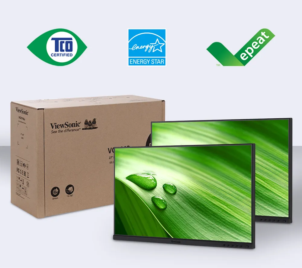 dual monitors shown next to a cardboard box.  logos for TCO, energy star, and epeat are shown