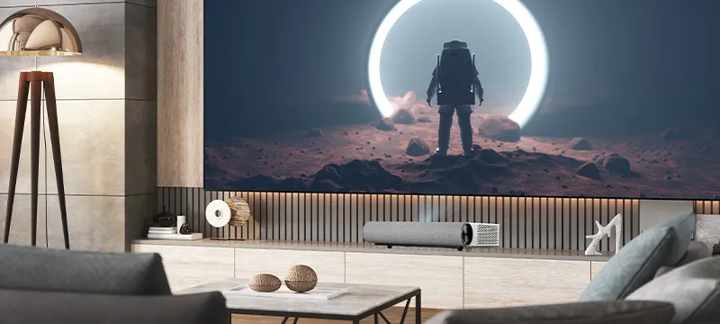 an ultra-short throw projector in a living room