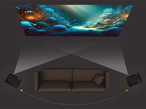 a projector at either end of a couch showcasing the horizontal keystone