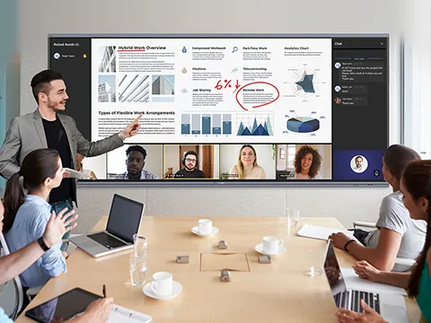 someone leading a meeting in a hybrid work environment with the aid of a viewboard display