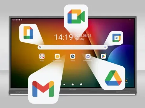 a number of google icons flying off a viewboard display