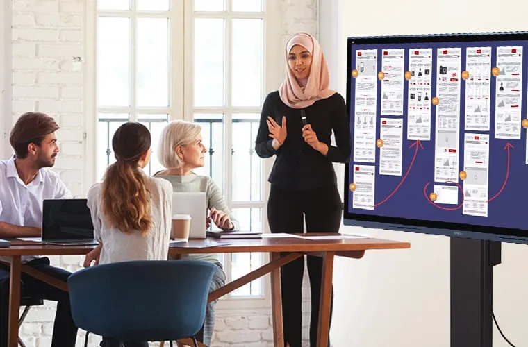 Employee using floor stand to raise ViewBoard while sharing a presentation