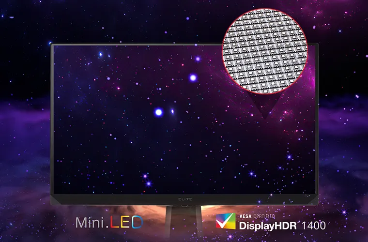 monitor with outer space scene showing the benefits of 1152 mini-LED backlighting zones