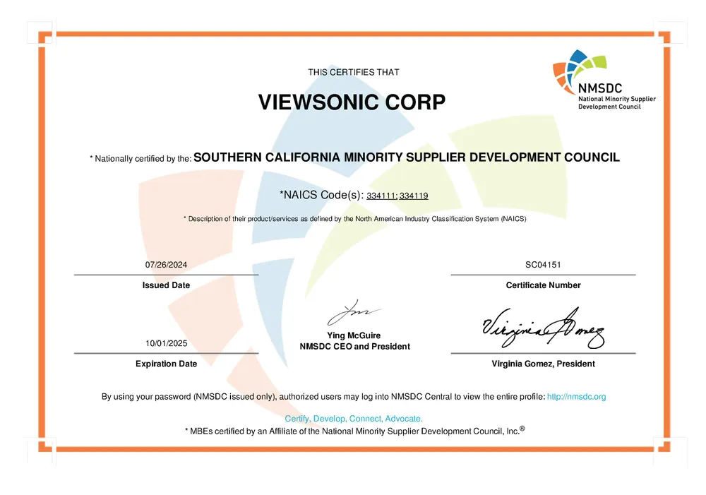 ViewSonic Corp Minority Owned Business certificate