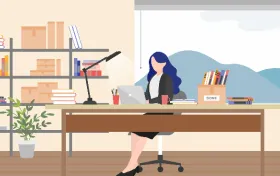 Illustration of a professional woman sitting at a desk working on her computer