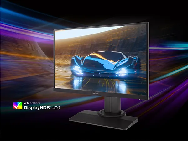 monitor with blue sports car on screen