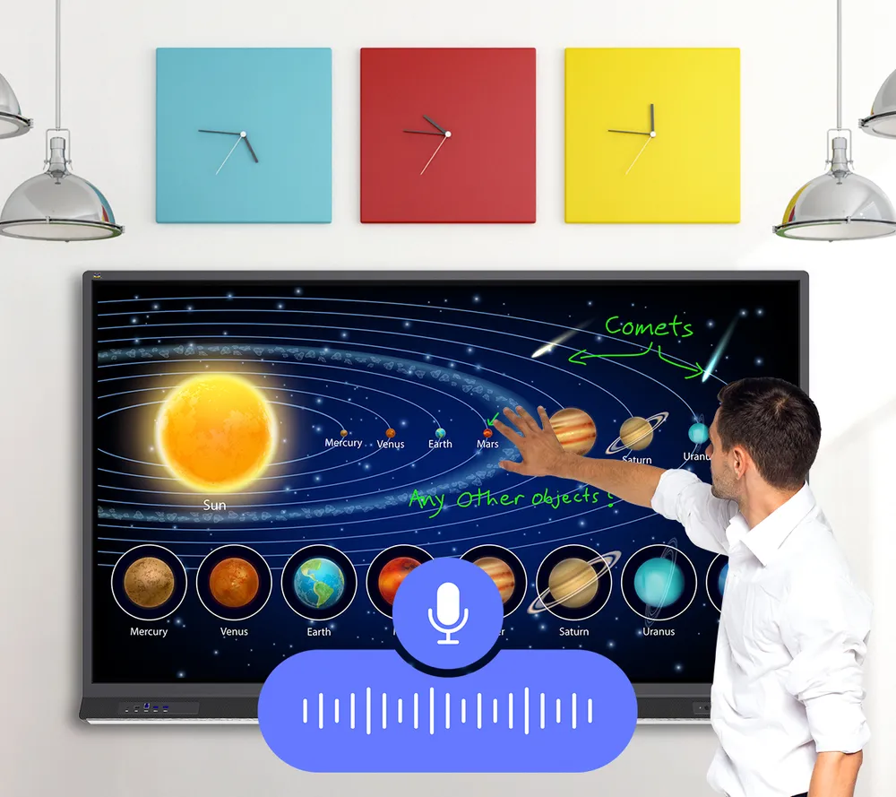 instructor touching Viewboard with solar system on the screen.  Microphone icon.