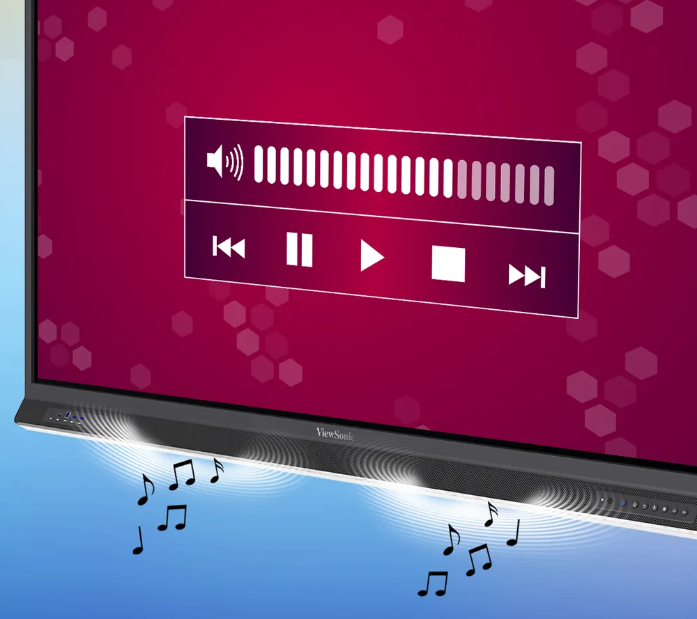 interactive flat panel showing the front facing sound bar with music notes