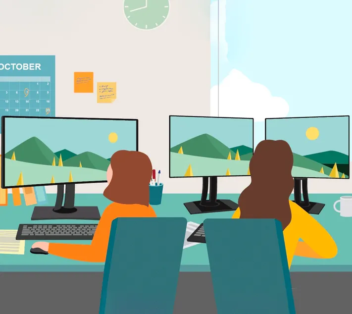 illustration of two women working in an office.  One using dual monitors, the other, an ultra-wide monitor