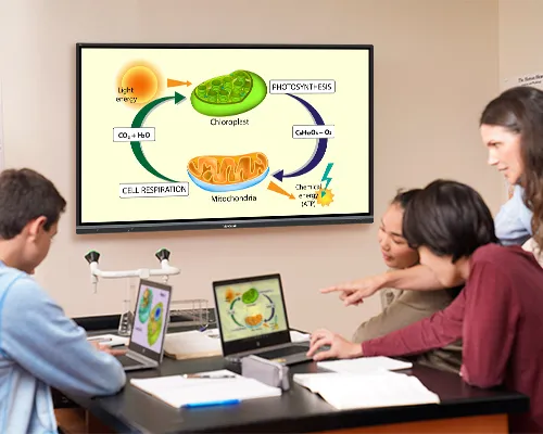 a teacher helping students with a presentation on their laptops while the same presentation is displayed on a large screen