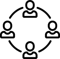 Black and white line drawing of four people in a circle pattern