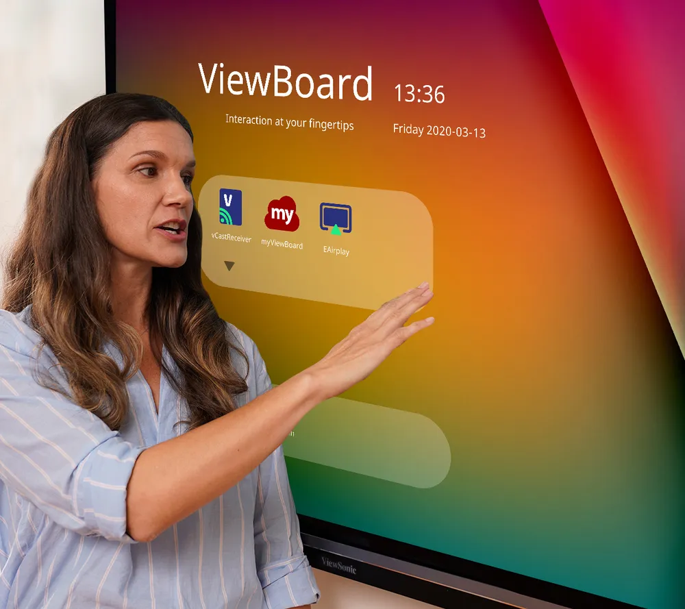 Woman pointing to the toolbar on a ViewBoard display
