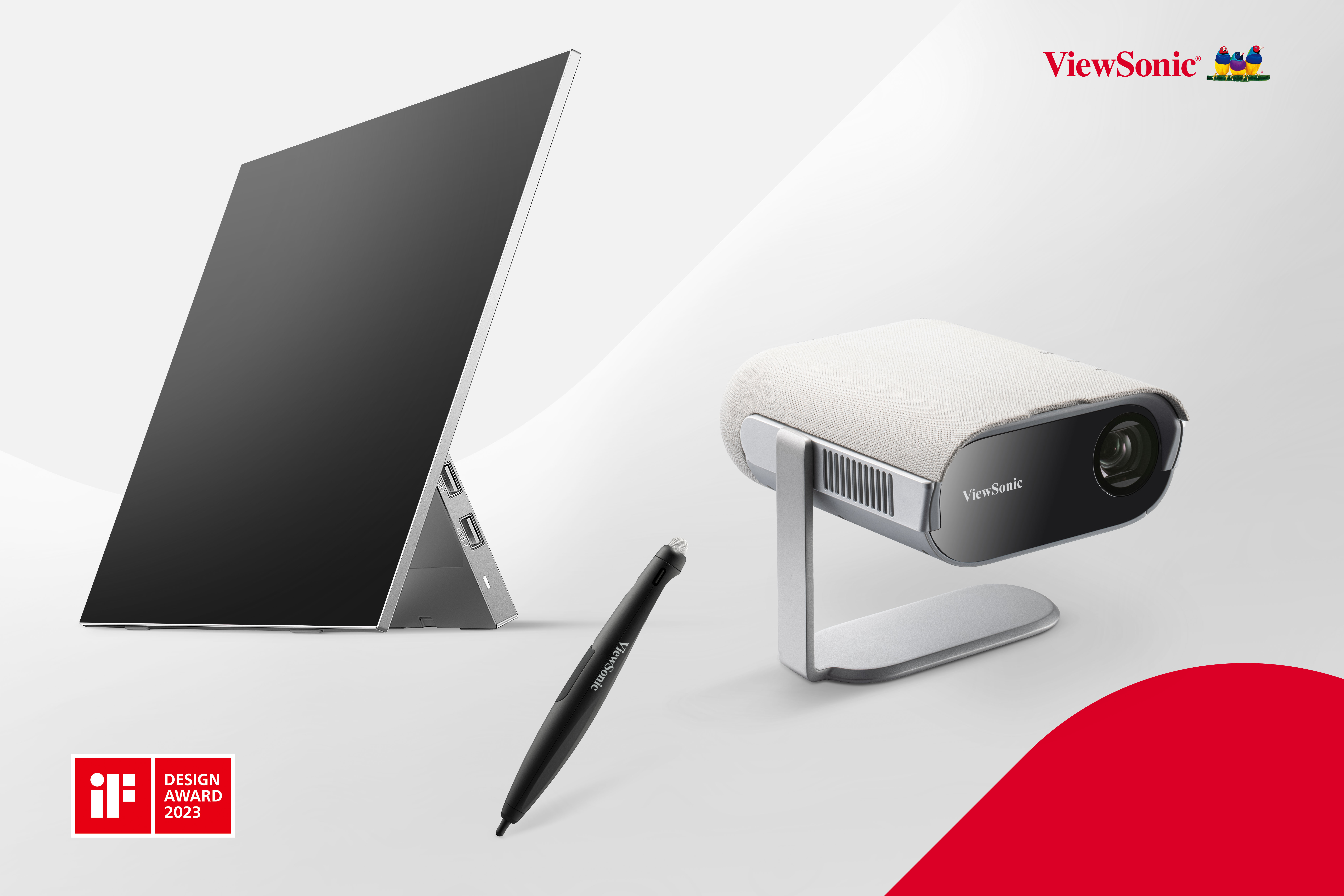 ViewSonic Wins Three iF Design Awards for M1 Pro smart LED portable projector, multi-functional presenter VB-PEN-007, and VX1655-4K-OLED portable display (from right to left). 